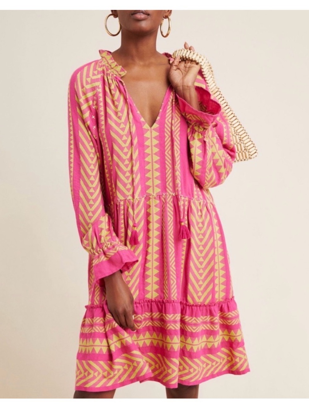 Anthropologie Maeve Pink & Yellow Geometric V-Neck Tiered Dress